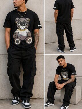 New CR24 Brave Black T-Shirt with Cool textured Bear Design - M